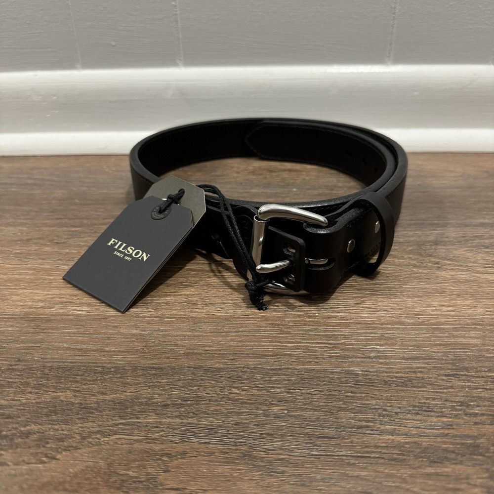 CC Filson 1 1/2" Double Belt Black Leather Men's Sz 30 Silver Buckle NWT 2